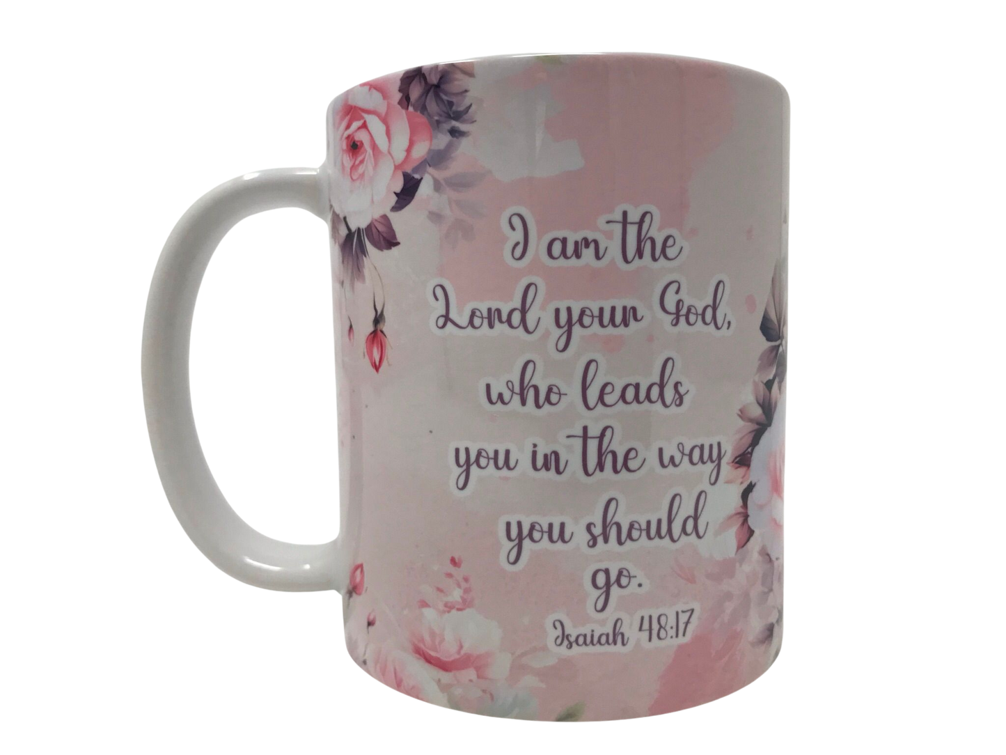 Isaiah 48:17 pink flower mug