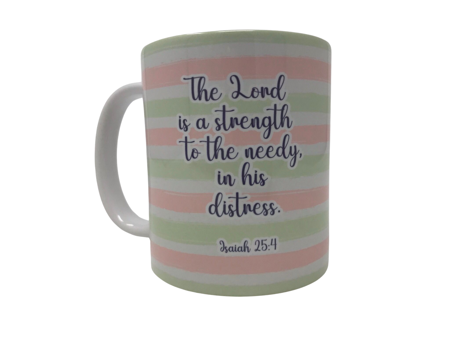 Isaiah 25:4 pink and green striped flower mug